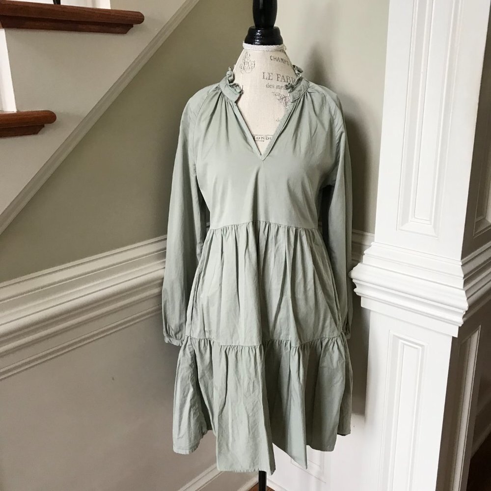 Sundry Tiered Panel Mini Dress Womens 1 Small Green Eucalyptus Long Sleeve VNeck - Picture 4 of 13